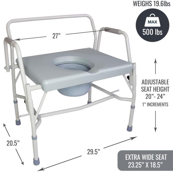 Drop Arm Portable Toilet Commode Extra-Wide Seat 500 lb Capacity Grey
