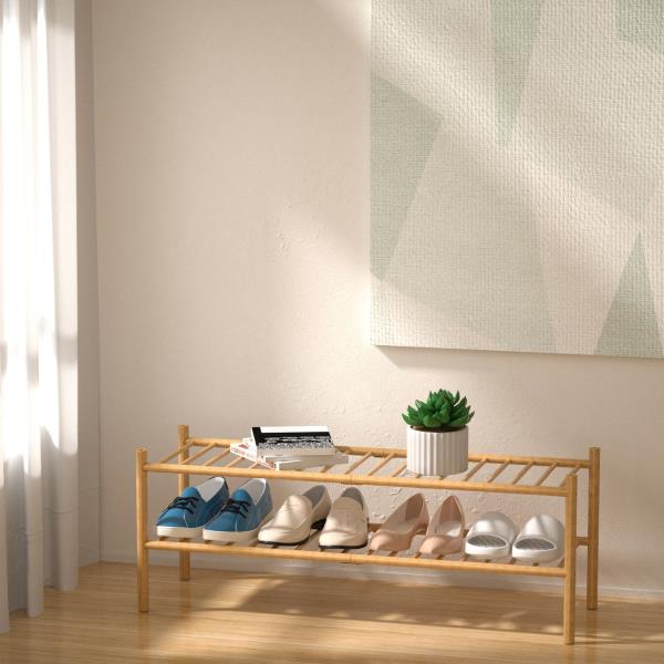 -Tier Bamboo Long Shoe Rack Stackable Wood Storage Organizer 35x11x13 Natural