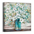 Country Style Canvas Wall Art Teal Blue Mason Bottle White Flower 20x20