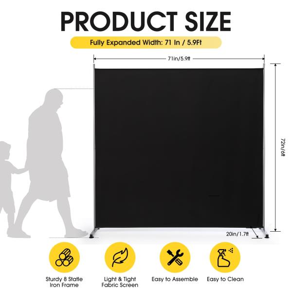 RANTILA Single Large Panel Room Divider, Privacy Screen for Office, Partition Separators, Freestanding Divider 71''W x 71''H, Black Retail $34.00