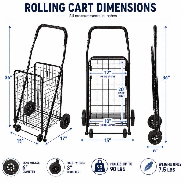 Folding Utility Cart with Wheels Stair Climber for Grocery and Laundry 7.5 Pounds 90 Pound Capacity