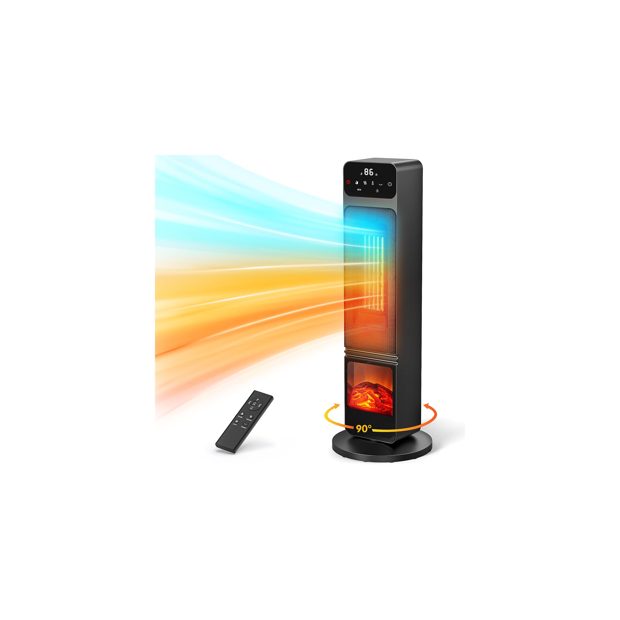 Tower Heater and Fan Combo, 1500W PTC Electric Fireplace Heater W/ 3D Flame, 90° Oscillation Space Heater Fan Combo for Indoor Use, Child Lock & Eco Mode, 12h Timer, Remote Control, Home & Office Retail $89.00