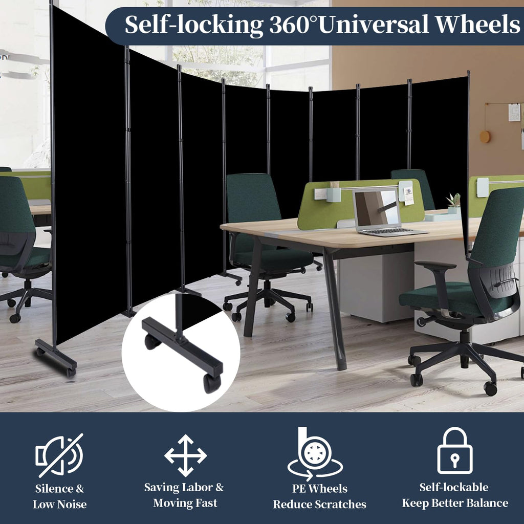 Black Folding Fabric Room Divider Privacy Screen with Lockable Wheels 176L x 72H