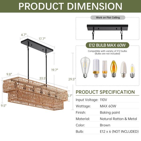 InterMaka 6-Light Boho Rattan Chandeliers for Dining Room, 2 Layer Large Linear Chandelier Rattan Pendant Light Fixture Farmhouse 34” Rectangle Chandelier for Kitchen Island Bar Living Room Retail $189.00