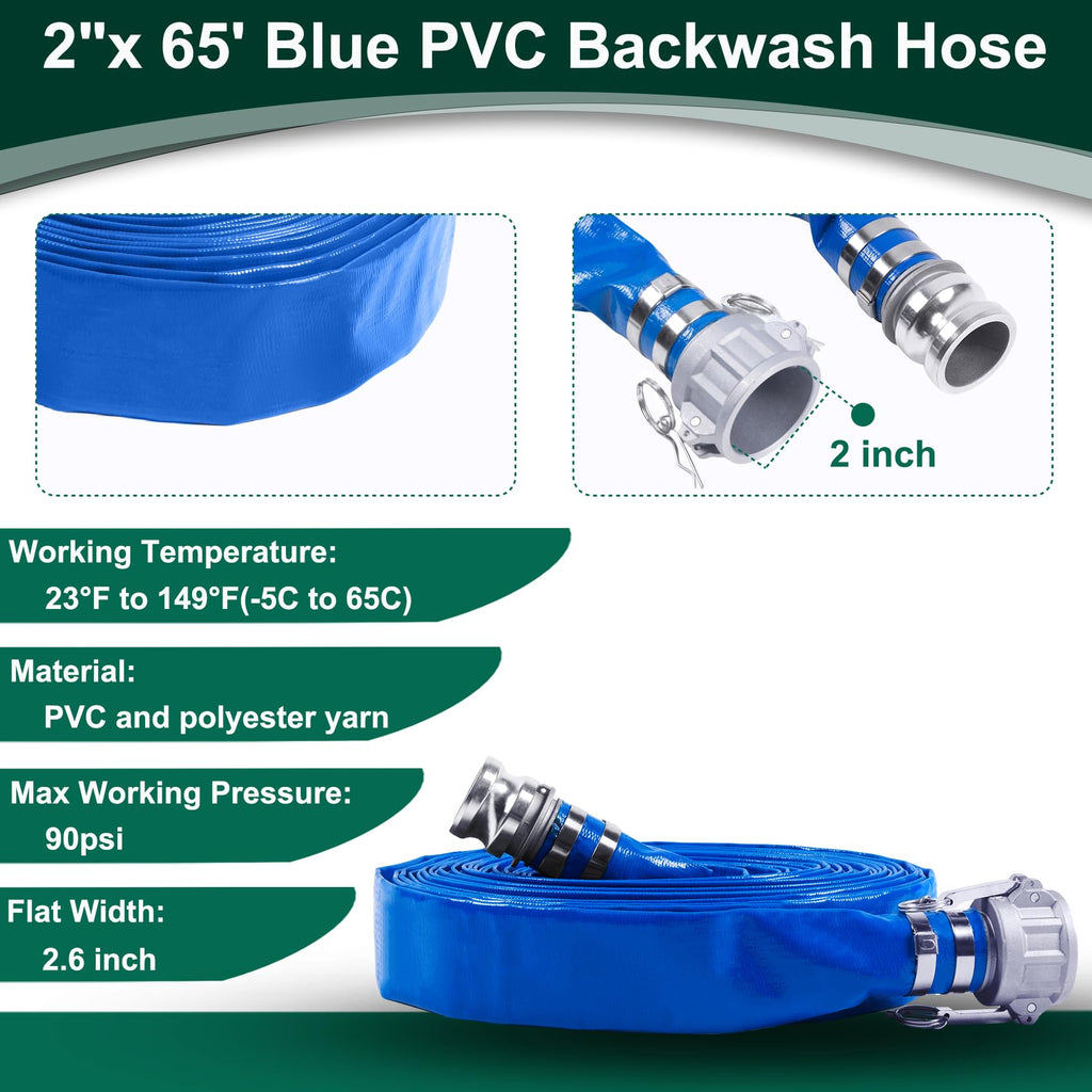 2 Inch Discharge Hose Pump Kit Includes 2" x 65' Blue PVC Lay-Flat Backwash Hose & 2" x 20' Green PVC Suction Hose & Steel Round Hole Suction Strainer & Cam and Groove Adapter, for water/trash pump Retail $125.00