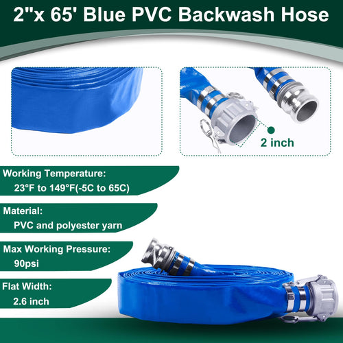 2 Inch Discharge Hose Pump Kit Includes 2" x 65' Blue PVC Lay-Flat Backwash Hose & 2" x 20' Green PVC Suction Hose & Steel Round Hole Suction Strainer & Cam and Groove Adapter, for water/trash pump Retail $125.00