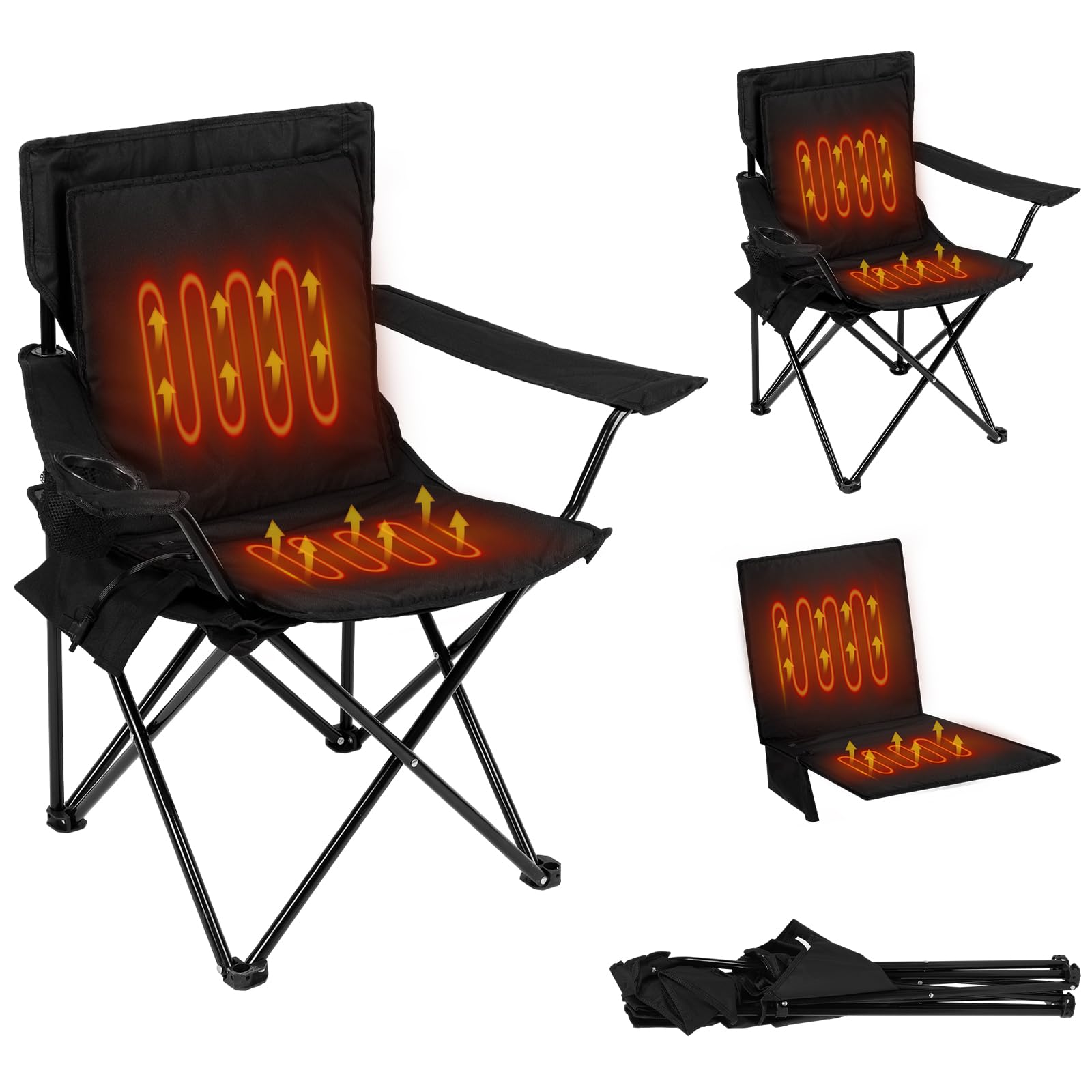 Anglechic 4 Pcs Heated Camping Chair for Adults Include 2 Pcs Camping Chair 2 Pcs Heated Seat Cushion Heating Folding Outdoor Portable Seat with Side Pocket for Patio, Power Bank Not Included