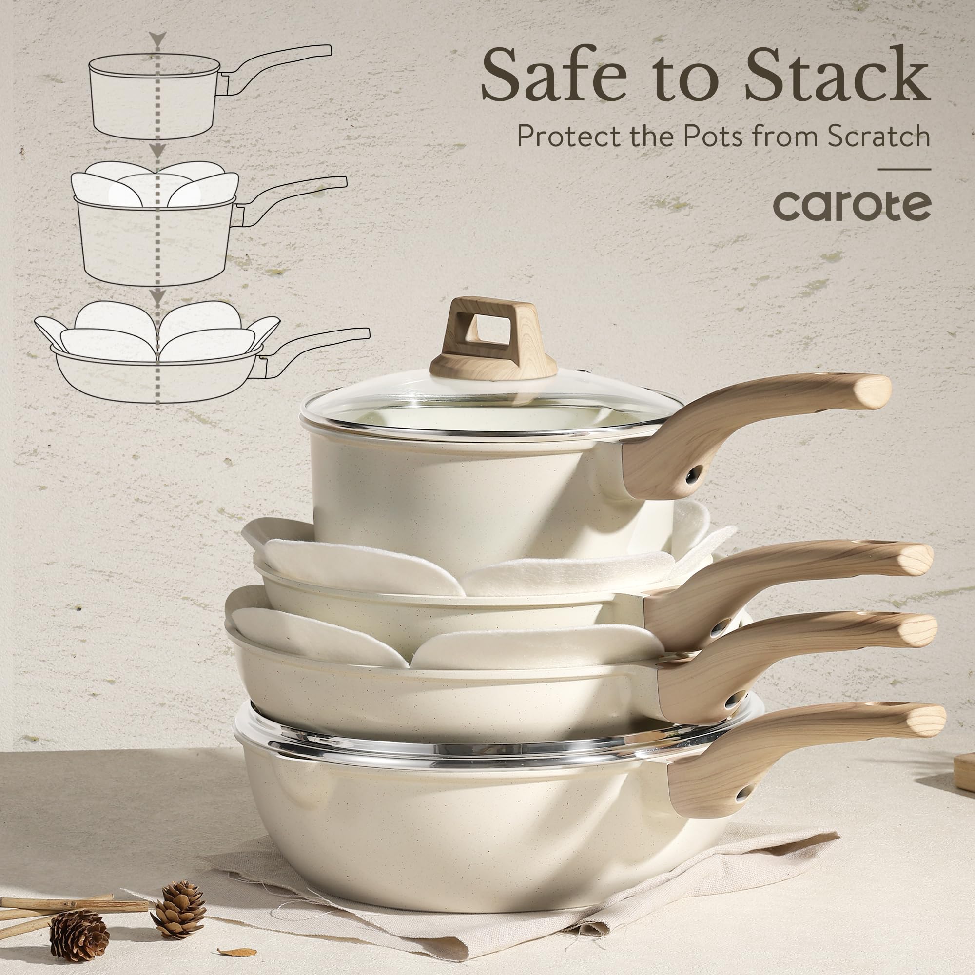 Nonstick Granite Induction Pots  Pans Cookware Set with Kitchen Knife Set Cream White