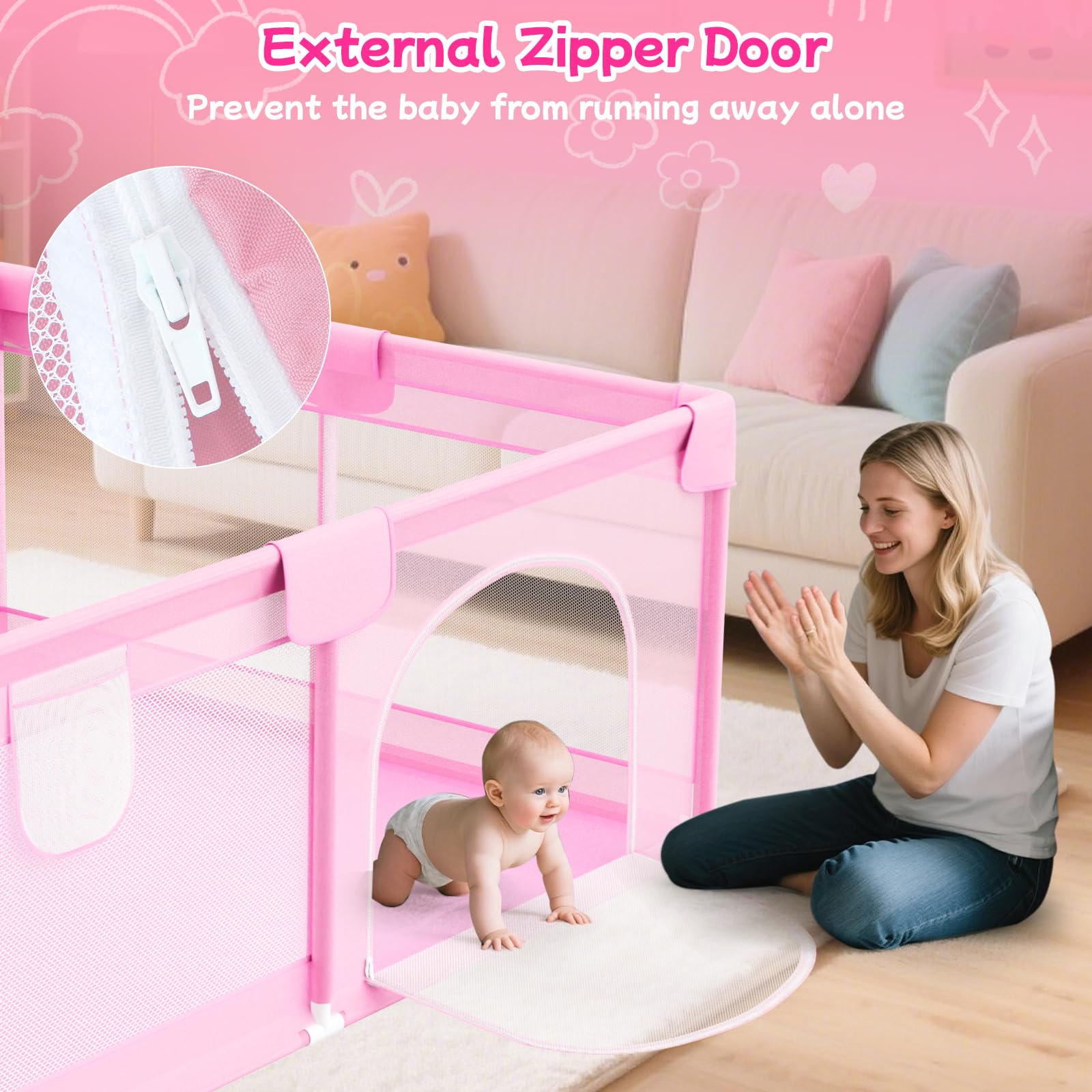 Abdtech Large Baby Playpen 74"x50" - Play Pens for Babies and Toddlers with 2 Handle - Safety Baby Fence Play Area with Breathable Mesh for Indoor & Outdoor, Pink Retail $103.00