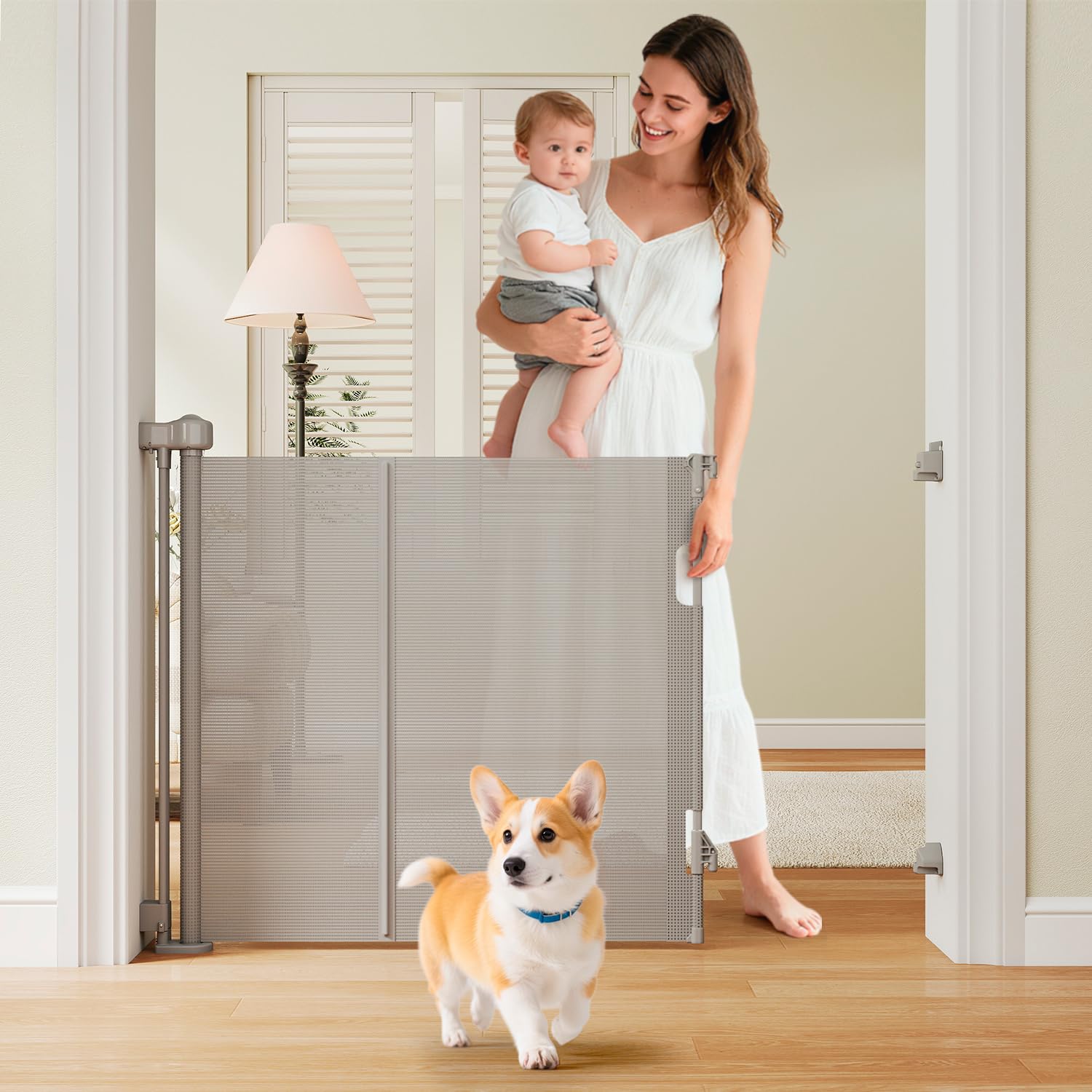 Ret retractable Baby Dog Safety Gate 59 Wide One-Hand Operation Gray