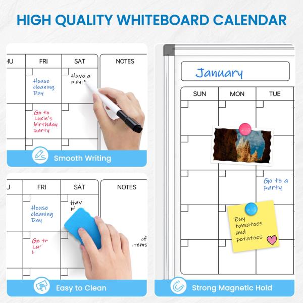 WALGLASS Calendar Whiteboard 24x18 Double-Sided Dry Erase Board for Wall Retail $33.00