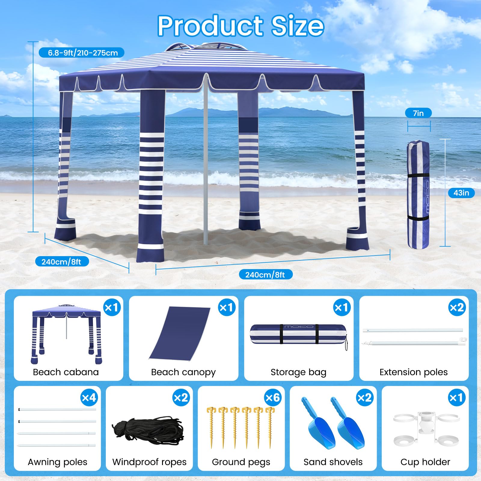 Sq. Ft. Beach Cabana Sun Shade Tent UPF 50 Protection Navy Stripes