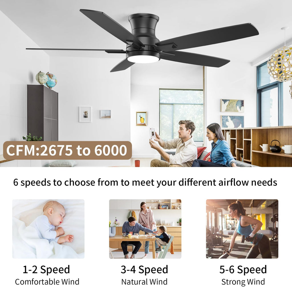 Black Low Profile DC Flush Mount Ceiling Fan with Dimmable 3CCT LED Light and 6-Speed Remote Control
