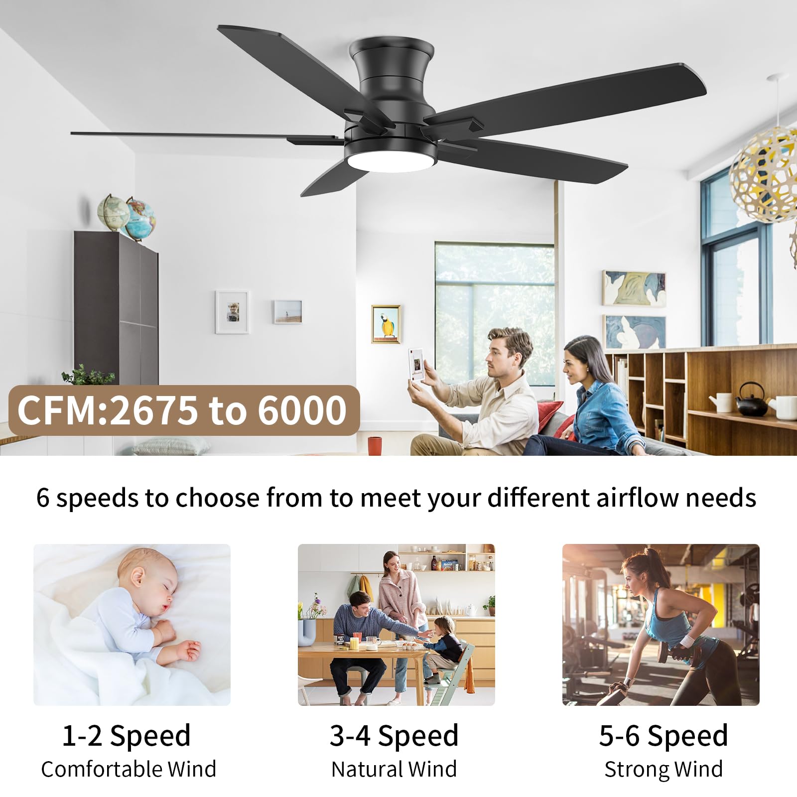 Black Low Profile DC Flush Mount Ceiling Fan with Dimmable 3CCT LED Light and 6-Speed Remote Control