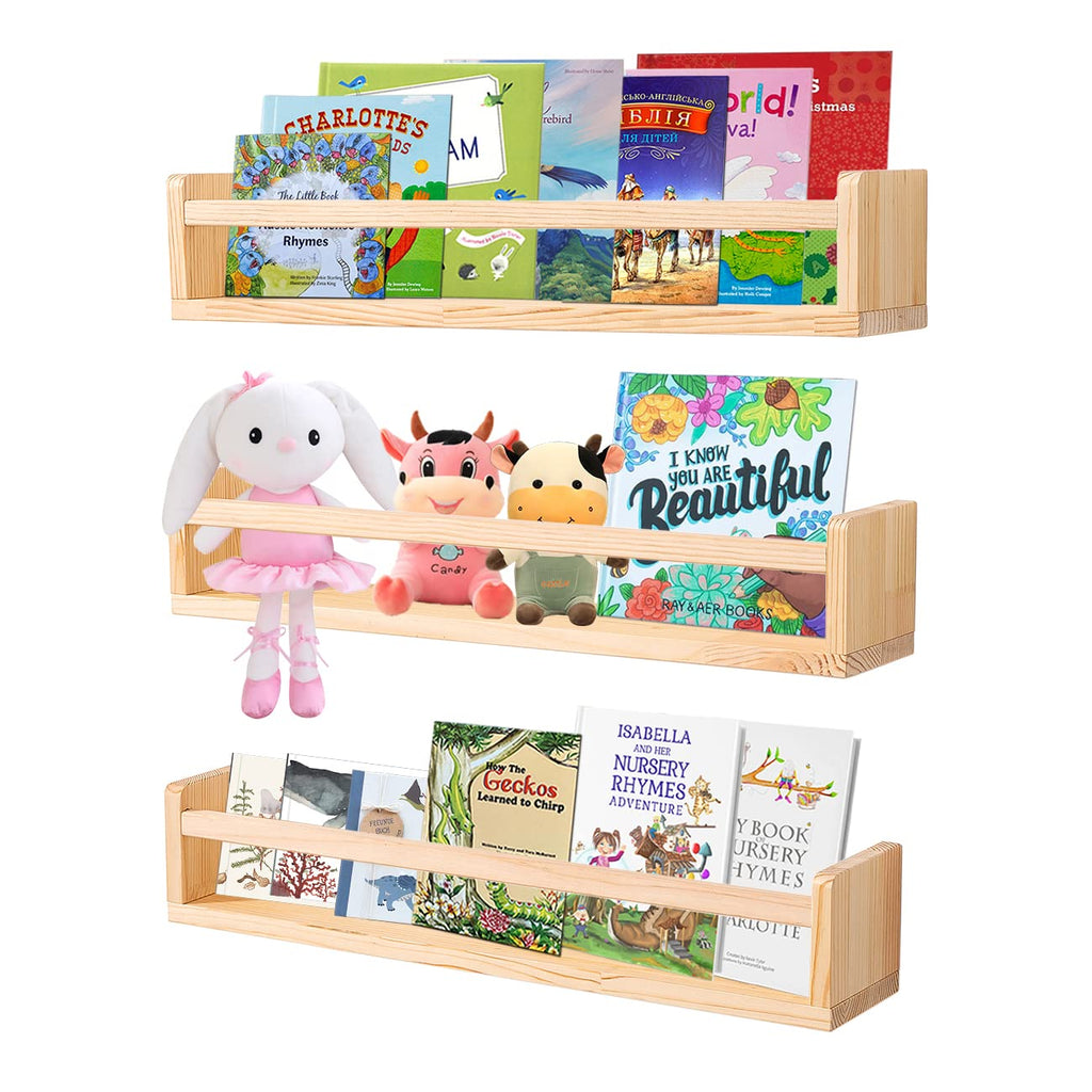 Set of 3 24-Inch Rustic Natural Wood Floating Wall Book Shelves