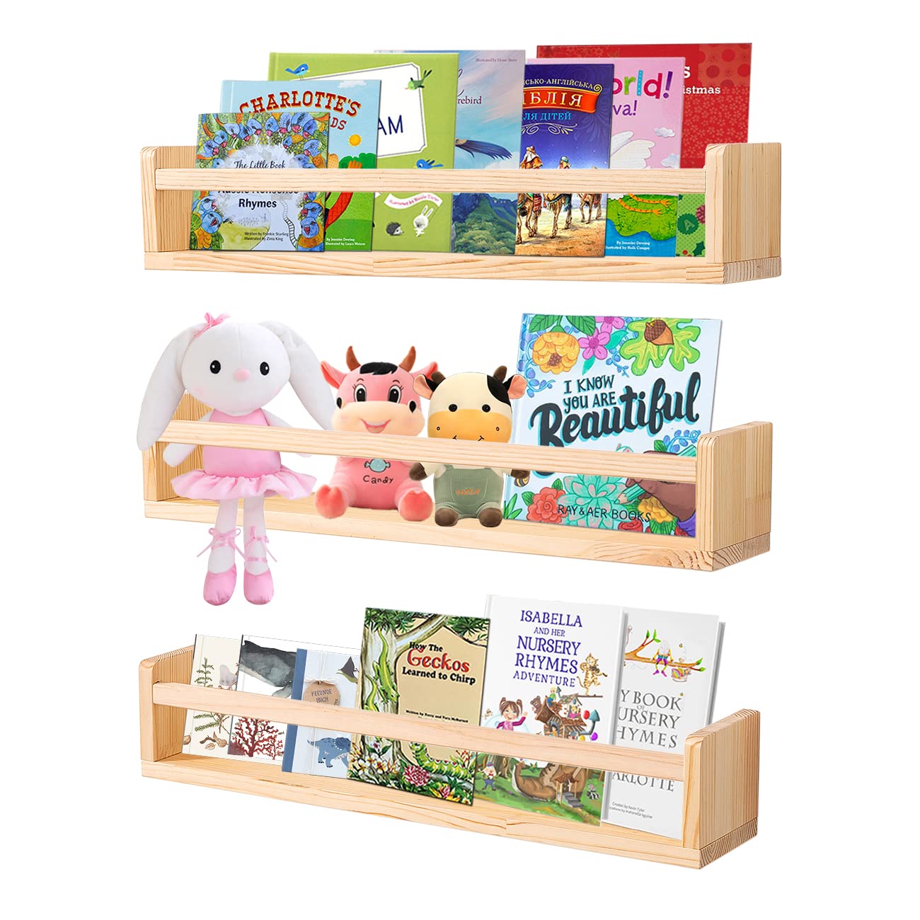 Set of 3 24-Inch Rustic Natural Wood Floating Wall Book Shelves