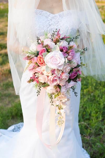 12 Inch Cascade Wedding Bouquet for Bride Fuchsia  Pink Silk Artificial Flowers