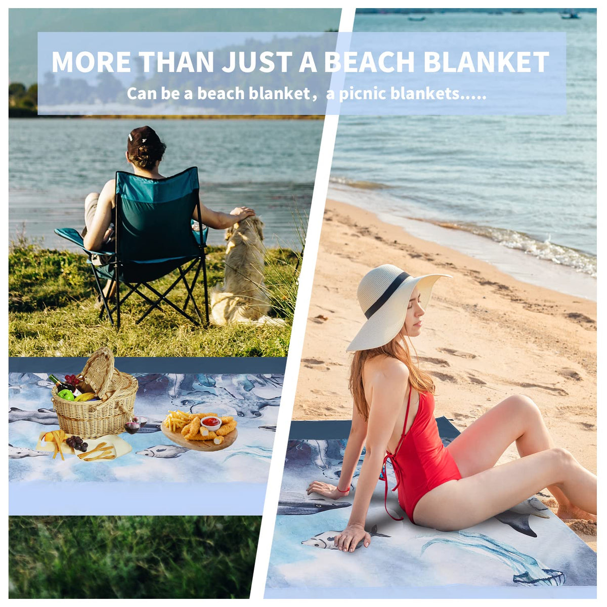 Blue-Sea Camping Blanket 7x7ft Sandproof Beach Mat