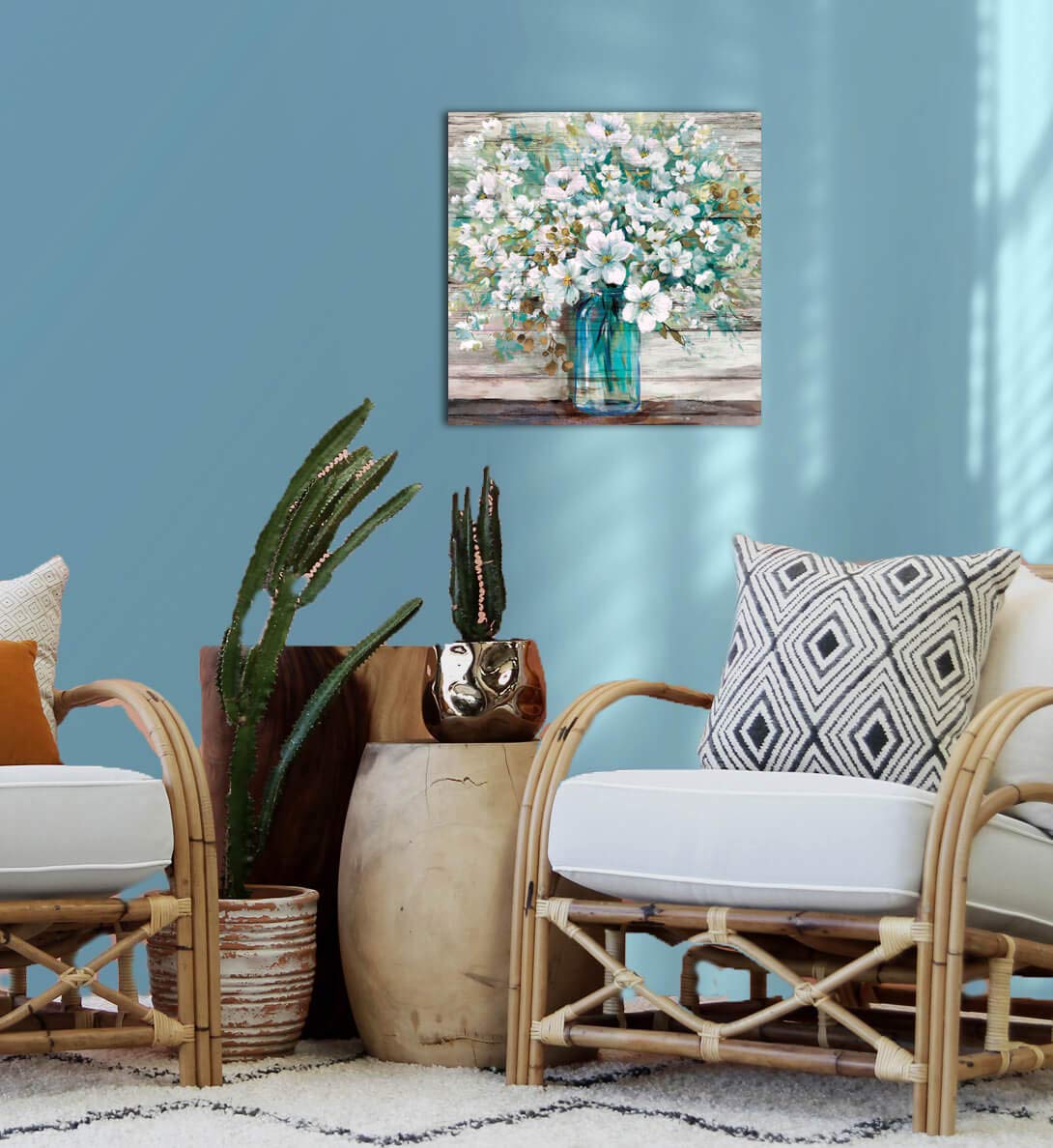 Country Style Canvas Wall Art Teal Blue Mason Bottle White Flower 20x20
