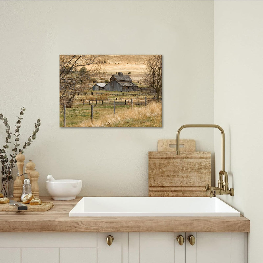 Framed Rustic Farmhouse Canvas Wall Art Vintage Barn Landscape 24x16 Inch Ready to Hang
