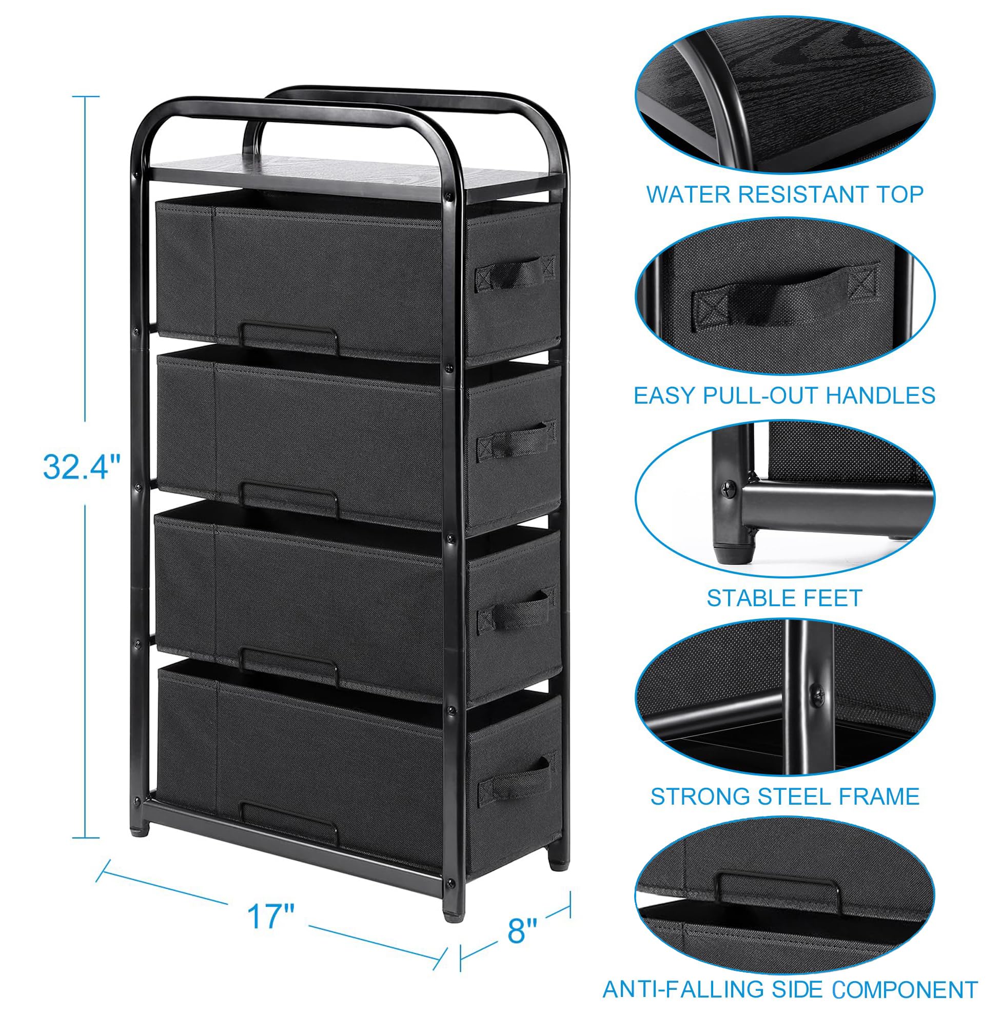 Black 4-Drawer Fabric Storage Tower Dresser