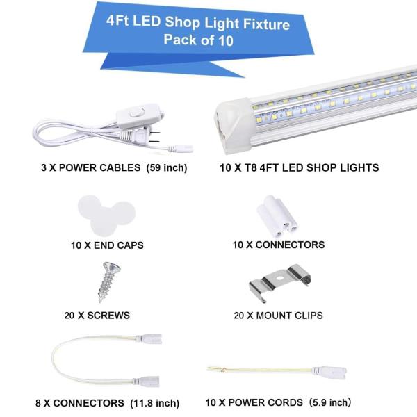10Pack 4FT LED Shop Light - 50W 8000LM 6500K Linkable Clear Cover T8 LED Tube Light for Workshop, Warehouse, Basement - Plug and Play Retail $77.00