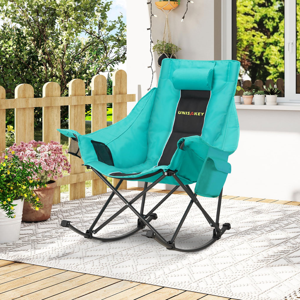 Oversized Folding Rocking Camping Chair w Headrest  Cup Holder 300lbs Blackgreen