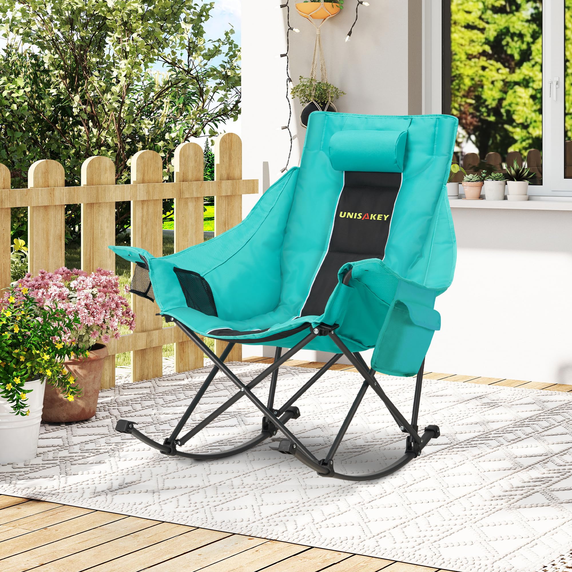Oversized Folding Rocking Camping Chair w Headrest  Cup Holder 300lbs Blackgreen