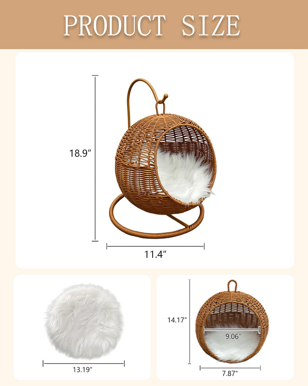 CIHTL Wicker Cat Bed Indoor & Outdoor, Handwoven PP Rattan Cat Swing Bed with Removable Washable Cushion, Breathable Waterproof Cat House for Cats & Small Dogs (Large–16.9" L × 25.98" H) Retail $89.00