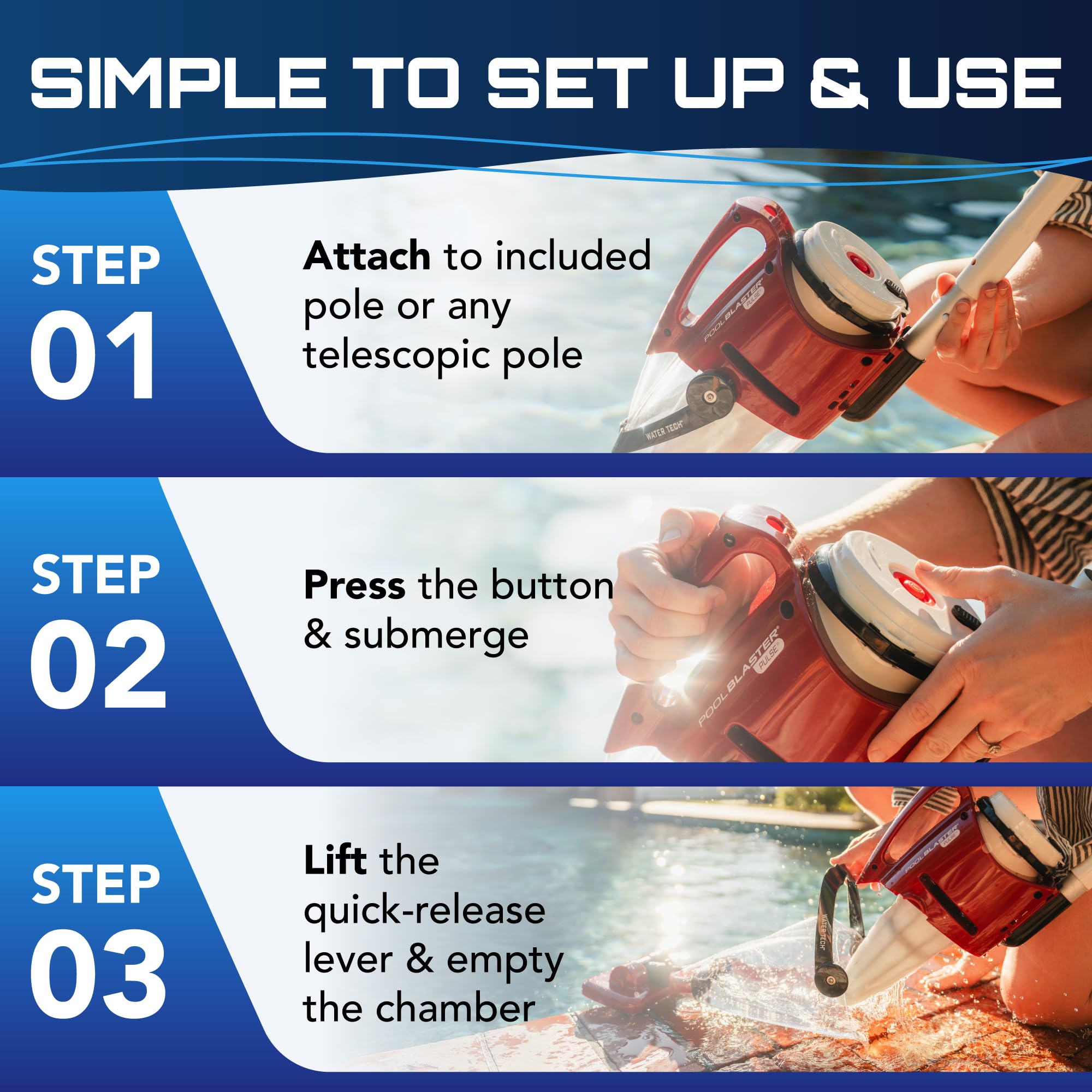 Pulse Cordless Pool Vacuum Rechargeable XL Debris Chamber 45 Pole 45 Min Runtime Red