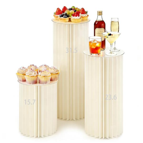 Set of 3 Cylinder Stands for Party 15.7 23.6 31.5 White Foldable Cardboard Display
