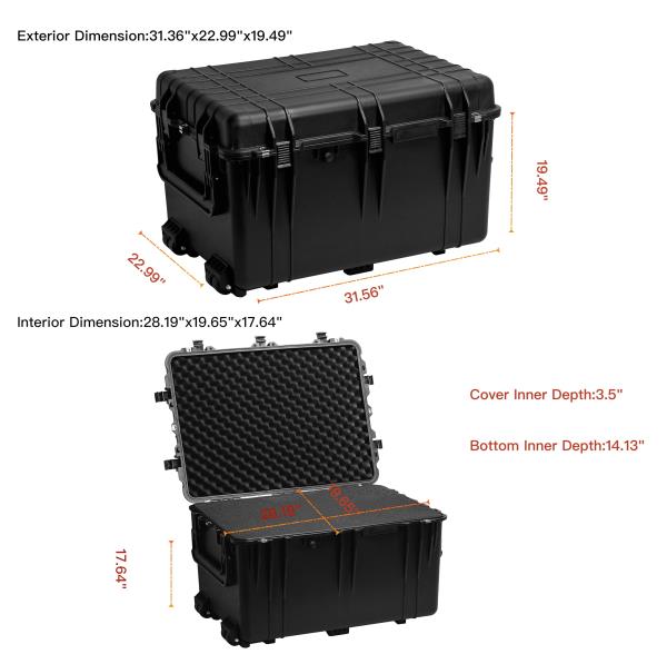 MEIJIA Portable Waterproof Protective Case,Hard Camera Case With Retractable Pull Handle And Rolling Wheels,Customizable Fit Foam Inserted,Elegant Black, 31.56"X22.99"X19.49" Retail $339.00
