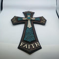 Decorative Cross with Faith Hope Love Home Engraved Turquoise Accents BrownTurquoise