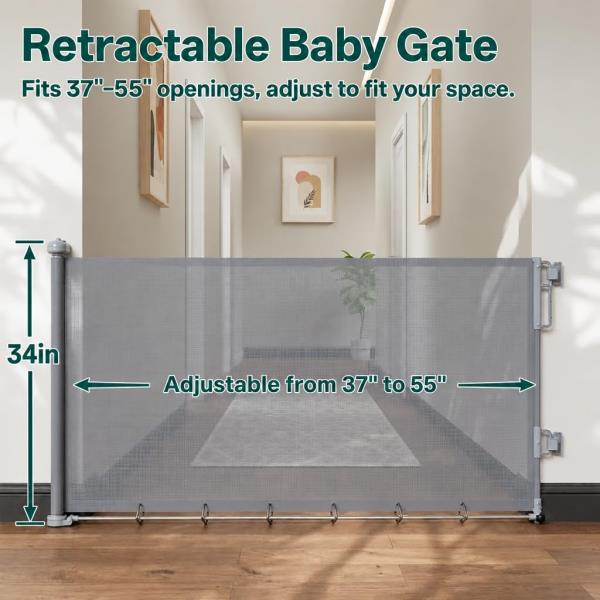 Cumbor 37-55" Retractable Baby Gates for Stairs & Doorways, Gray Retail $31.00