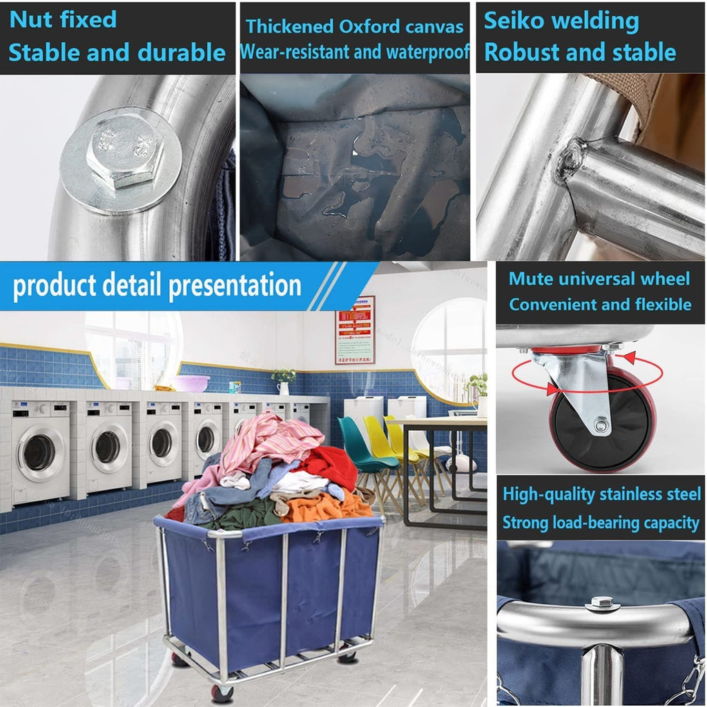New frides 400L Heavy Duty Stainless Steel Rolling Commercial Laundry Cart with Removable Waterproof Canvas Liner - 440lbs Load Retail $179.00