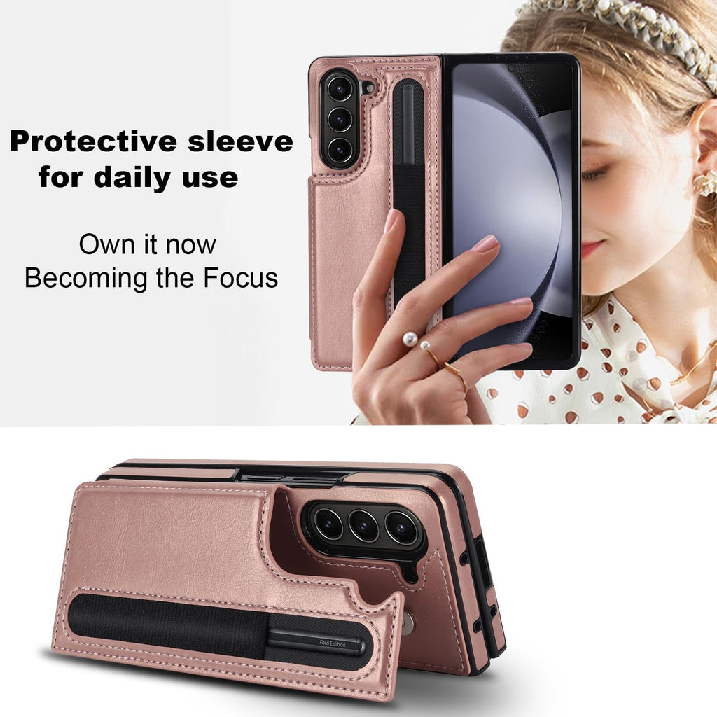 Samsung Galaxy Z Fold 5 Leather Wallet Case with Card  S-Pen Holder Kickstand - Rosegold