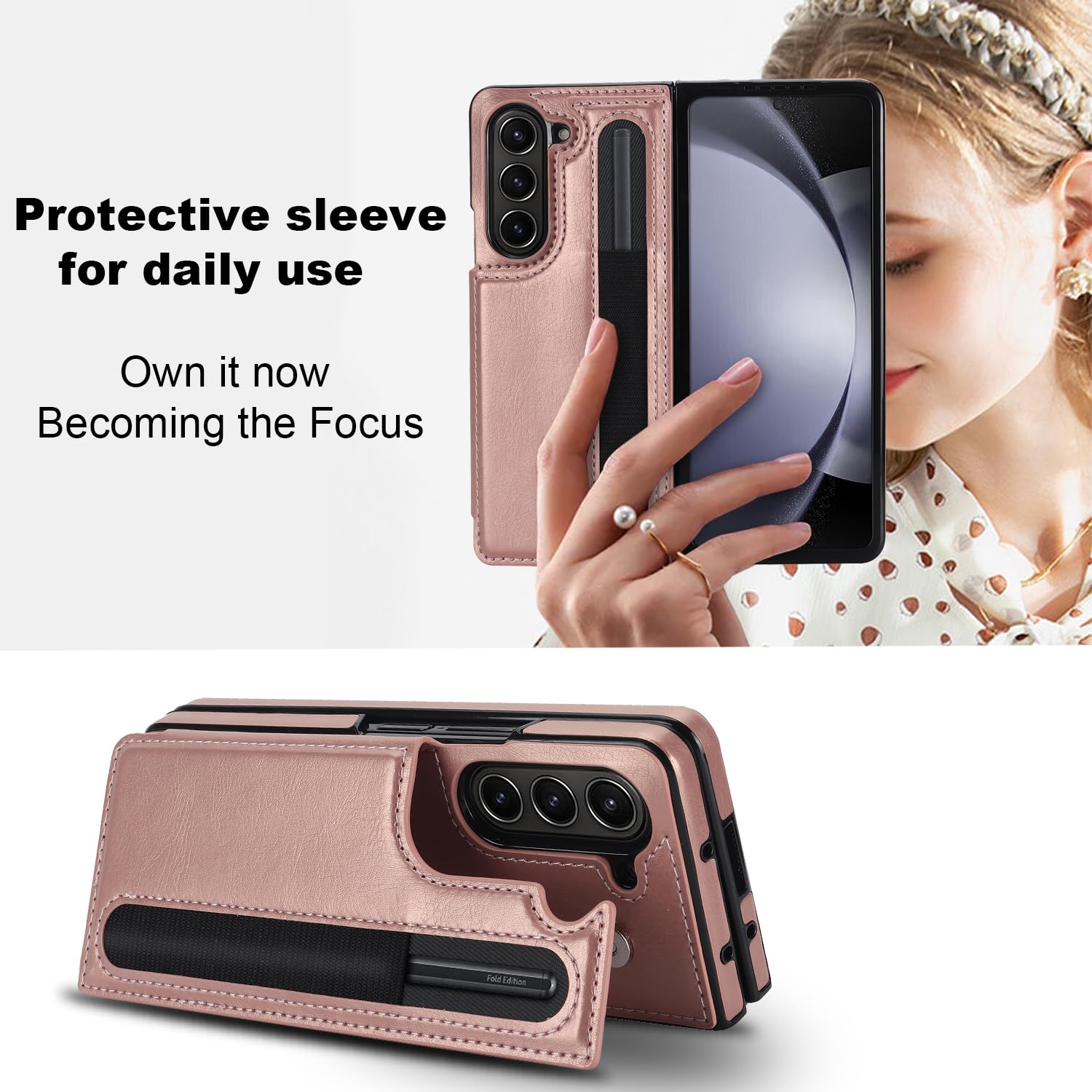Samsung Galaxy Z Fold 5 Leather Wallet Case with Card  S-Pen Holder Kickstand - Rosegold