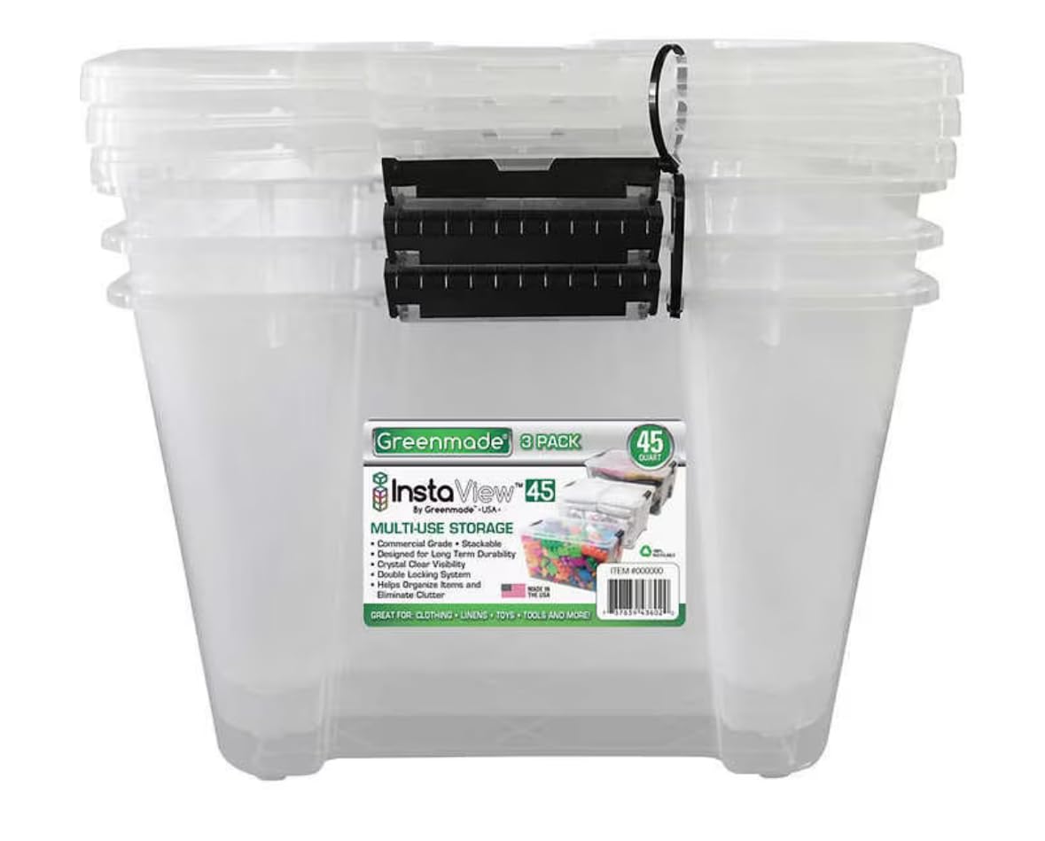 InstaView45 Multi-Use Lidded Storage Bins 45 Quart 3-Pack Stackable Crystal Clear