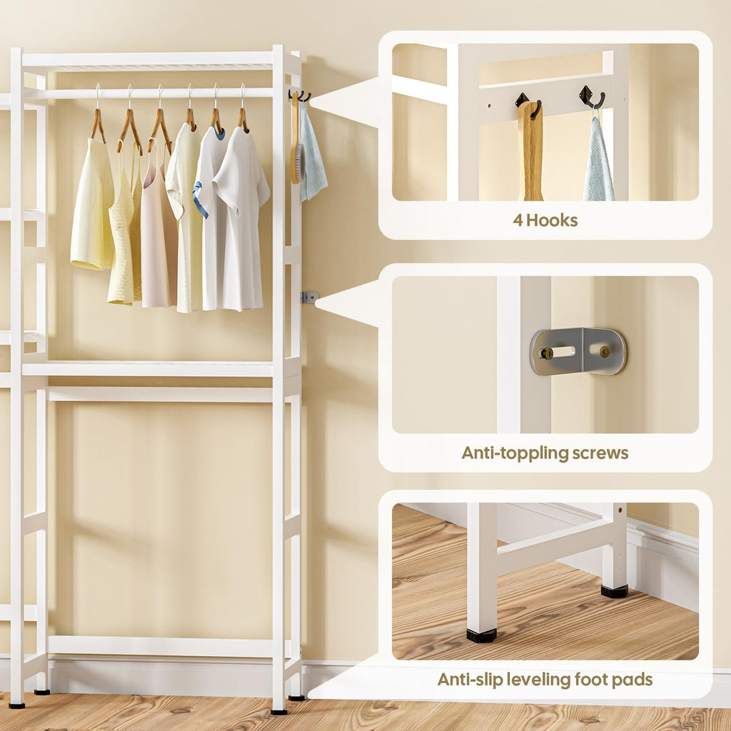 White Bamboo 5-Tier Over Washer Dryer Storage Shelf w Adjustable Shelves  Hooks