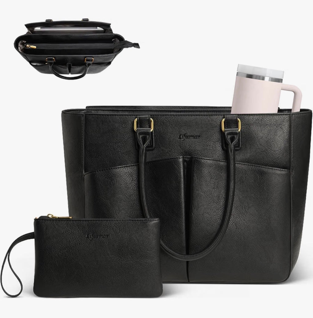 Lifemaar Laptop Tote Bag Pouch Black Faux Leather Gold-tone - Image 1